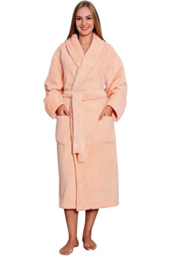 pamuklu StarFashion Women's Cocolino Bathrobe with Pockets and Waist Tie, Peach-Pink, L