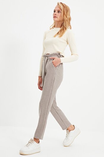 Trendyol Collection Graue gewebte Zigarettenhose zum Binden TWOAW21PL0316