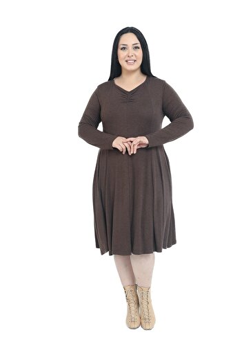 DISENTIS MODEST Plus Size V-neck Wool Viscose Midi Brown Flared Dress