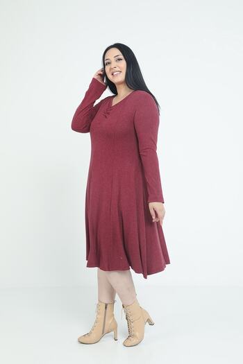 DISENTIS MODEST Plus Size V-Neck Wool Viscose Midi Burgundy Flared Dress