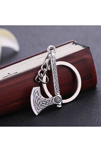 Viking Scandinavian Valknut Triquetra Kolovrat - Axe Steel Keychain with Nordic Figure and Symbol Detail