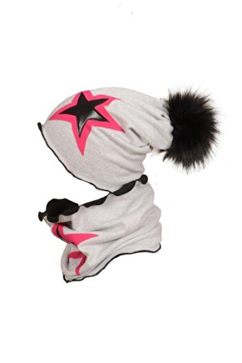 Babygiz Girl's Silver Knitwear Double Layer Star Figured Pompom Beret Neck Collar