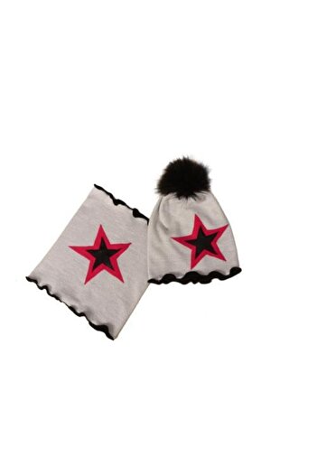 Babygiz Girl's Silver Knitwear Double Layer Star Figured Pompom Beret Neck Collar