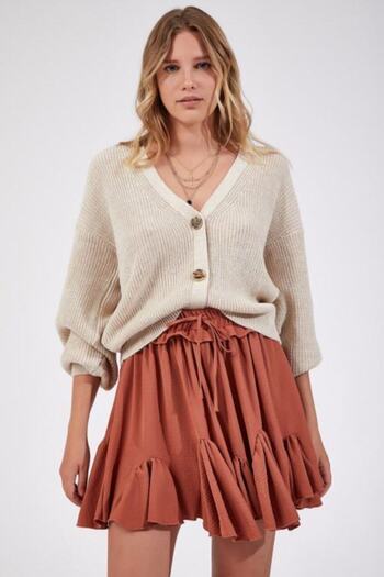 SIRGİYİM Women's Cream V-Neck Button-Front Knitwear Cardigan