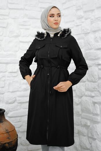 InStyle Cut Out Front Pocket Detail Fur Coat - Black