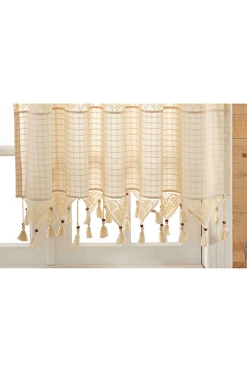 ÖDEL HOME Naturel Dantelli Ponpon Süslemeli Tül Perde