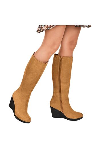 Moosefield Genuine Leather Wedge Heel Tan Women's Boots