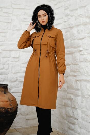 InStyle Tan Cut Front Pocket Detailed and Fur Inside Coat