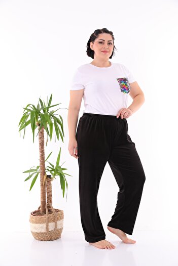 Arvin Pijama Γυναικεία Βελούδινη Μαύρη Πιτζάμα Plus Size