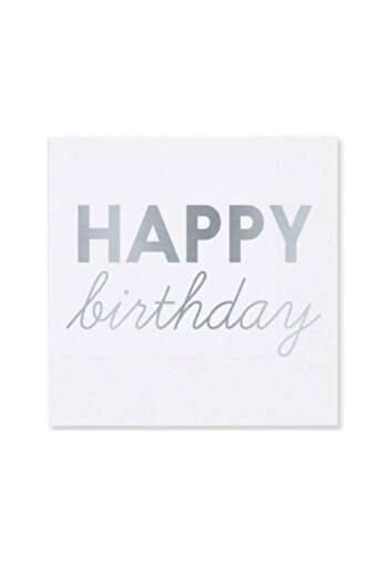 ZERO LAND - 16 Pieces Silver Happy Birthday Written Paper Napkins White Dpmah
