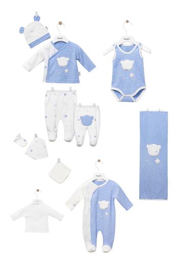 Babydola %100 Pamuk Erkek Bebek Ayı Kafası Baskılı 10'lu Yeni Doğan Hastane Çıkış Seti