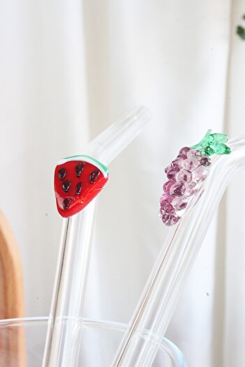 ADAMODART Set of 2 Glass Straws with Grape & Watermelon Figures