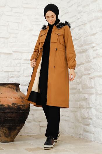InStyle Tan Cut Front Pocket Detailed and Fur Inside Coat