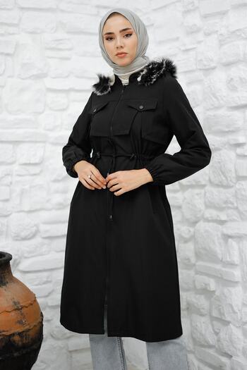 InStyle Cut Out Front Pocket Detail Fur Coat - Black