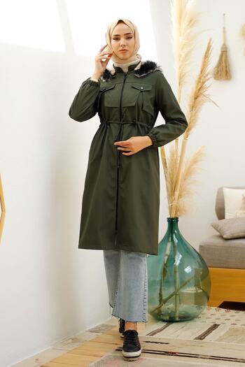 InStyle Slit Front Pocket Detail Fur Coat - Khaki