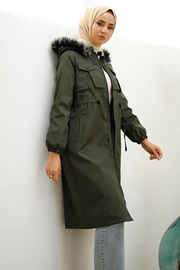 InStyle Slit Front Pocket Detail Fur Coat - Khaki