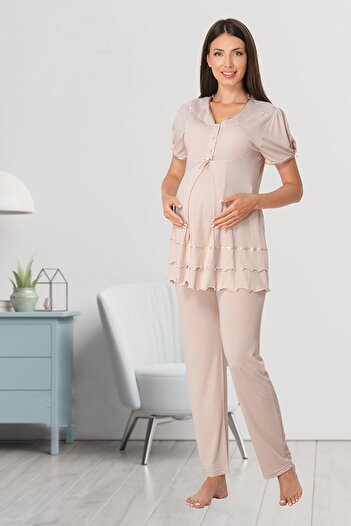 lohusahamile Ekru Omuzları Dantelli Lohusa Pijama Takımı Effortt 8022