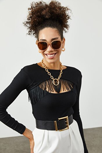 XHAN Women's Black Low-cut & Tassel Detailed Camisole Blouse 2KZK2-12066-02