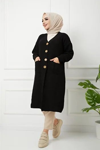 Pamuk Butik Women's Buttoned Pocketed Black Knitwear Loose Cardigan