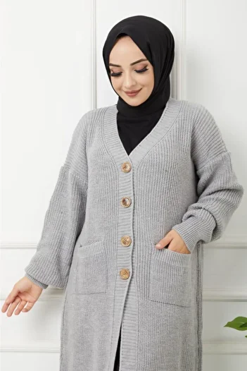 Pamuk Butik Women's Buttoned Pocket Gray Knitwear Loose Cardigan