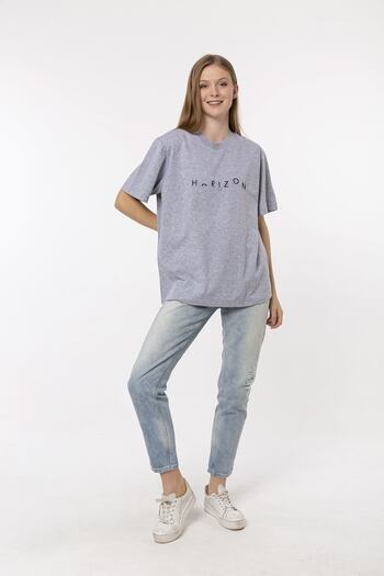 Nur Aka by Nurteks Horizon Embroidered Gray Cotton Oversize Large Size T-shirt