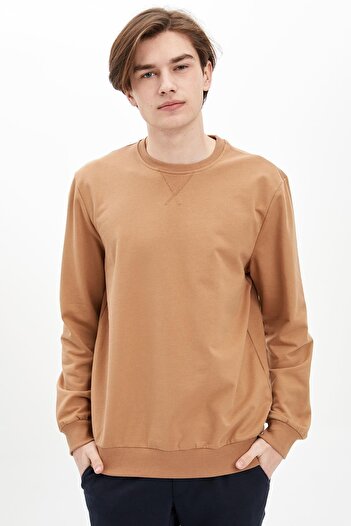 DeFacto Ανδρικό φούτερ με καφέ Crew Neck Basic κανονική εφαρμογή M7823AZ20SP