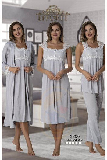 Effort Pijama Zerre Bebe Women's Gray Pajamas Set Nightgown Dressing Gown Maternity Pregnant 4-Piece Set 2305