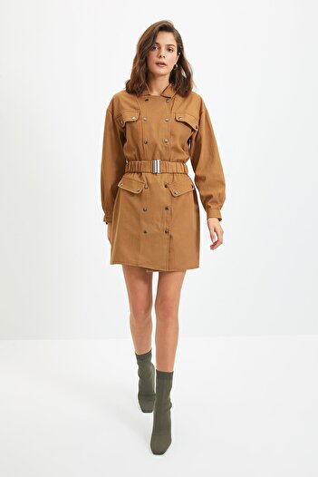 Trendyol Collection Μίνι υφαντό φόρεμα Camel Belted TWOAW22EL0446