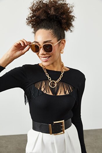 XHAN Women's Black Low-cut & Tassel Detailed Camisole Blouse 2KZK2-12066-02