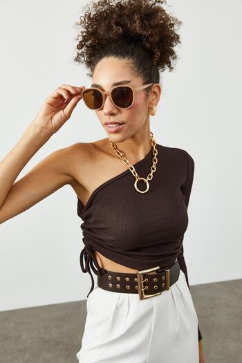 XHAN Women's Brown One Shoulder Gathered Camisole Blouse 2KZK2-12060-18