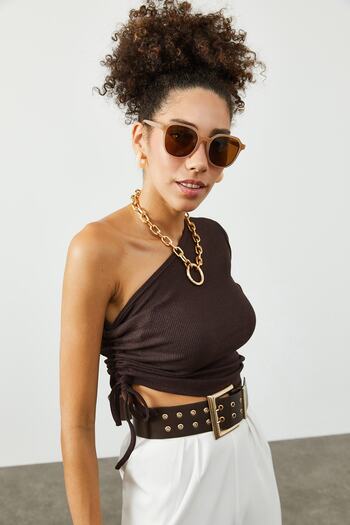 XHAN Women's Brown One Shoulder Gathered Camisole Blouse 2KZK2-12060-18
