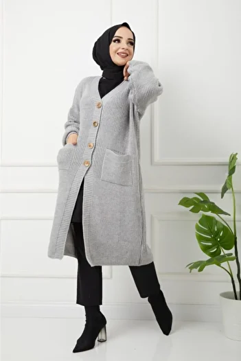 Pamuk Butik Women's Buttoned Pocket Gray Knitwear Loose Cardigan