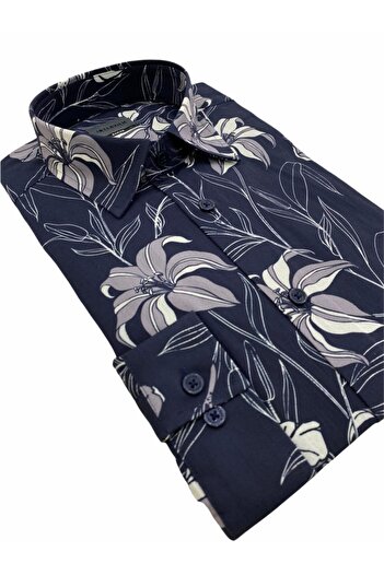 Sarar Чоловіча сорочка темно-синього кольору з квітковим візерунком, slim fit