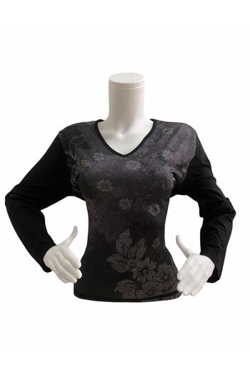 Elele Women's Black Leaf Pattern V-Neck Combed Cotton Blouse