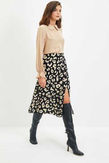 Trendyol Collection Black Slit Detailed Viscose Fabric Animal Pattern Midi Woven Skirt TWOAW22ET0447