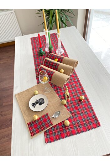 White Alamode New Year New Year's Eve Special Plaid & Scottish Patterned Runner and Jute Placemat Set
