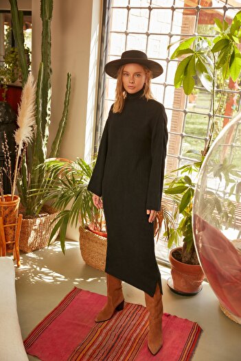 Trendyol Modest Μαύρο ψηλόμεσο μαλακό μακρύ πλεκτό φόρεμα TCTAW22EL0033