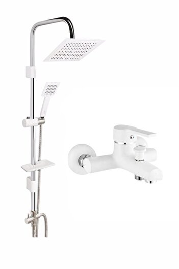 HMS White Skyline Overhead Shower Set and White Pearl Bathroom Faucet