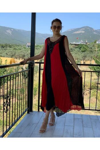 Sosyete Kaplumbağa Women's Red Authentic Voile Cotton Ikirenk Strap V-collar Asymmetrical Maxi Dress