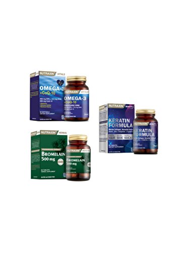 Nutraxin Omega 3 and Coq-10 (Coenzyme) 60 Capsules + Bromelain 60 Capsules + 60 Tablets with Keratin Formula