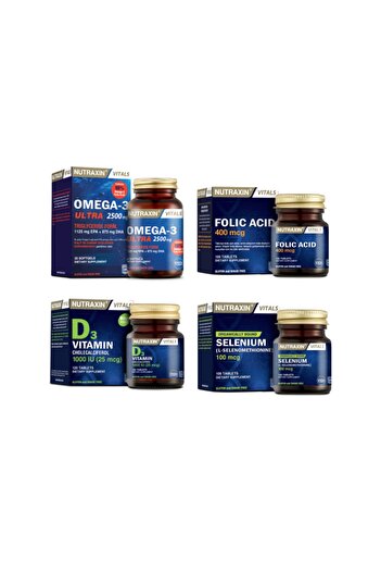 Nutraxin Omega 3 Ultra 2500Mg Fish Oil - 30 Capsules + Selenium 100 Tablets + Folic Acid 100 Tablets + D3 120 Tablets