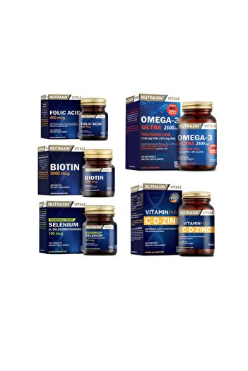 Nutraxin Omega 3 Ultra 2500 Mg Fish Oil 30 Capsules + Folic Acid + Selenium + Biotin + Vitamin Max (C,D,Zinc)