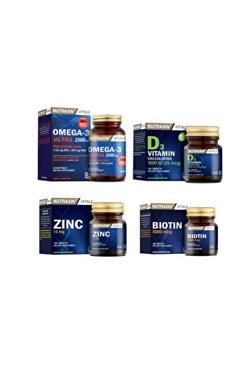 Nutraxin Omega 3 Ultra - 2500 Mg Fish Oil 30 Capsules + Biotin 30 Tablets + Vitamin D3 120 Tablets + Zinc 100 Tablets