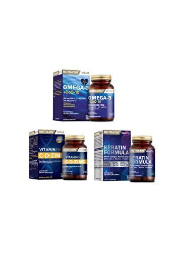 Nutraxin Omega 3 and Coq-10 Keratin - 60 Capsules + Vitamin Max (C,D,Zinc) + for Hair and Nails