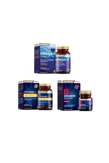 Nutraxin 60 Capsules with Omega 3 and Coq-10 Coenzyme + Vitamin Max 60 Tablets + Vitamin B12 Dilated