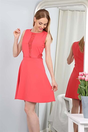 fasardi Dantel Detay Atlas Midi Elbise