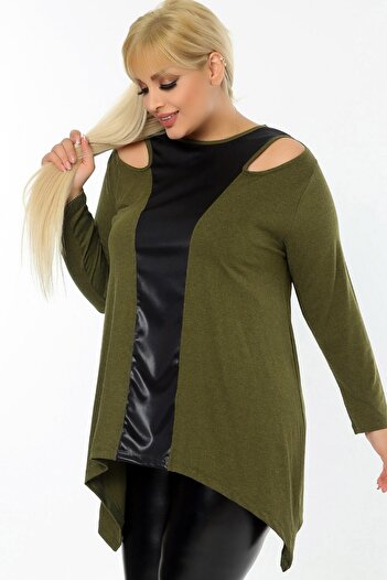 Kheos Long Sleeve Asymmetrical Blouse with Leather Blocks on the Collar and Front and Off-the-Shoulder