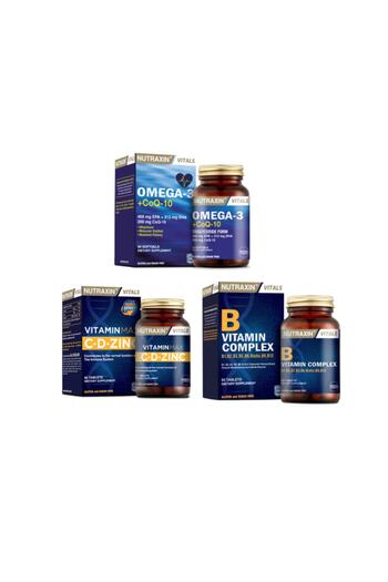 Nutraxin Omega 3 and Coq-10 (Coenzyme) 60 Capsules + Vitamina Max (C,D,Zinc) 60 Tablets + Vitamin B 60 Tablets