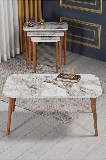GOLDFALEZ 4-Piece Traditional Coffee Table Set Efes Collection | Wooden Leg Design | Living Room Furniture