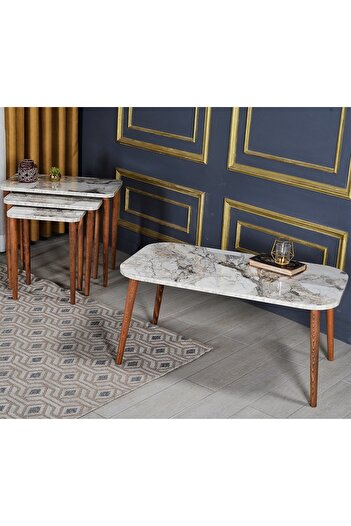 GOLDFALEZ 4-Piece Traditional Coffee Table Set Efes Collection | Wooden Leg Design | Living Room Furniture